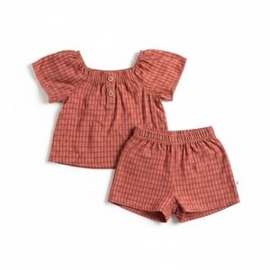 Toddler Girls Terracotta Plaid Gauze Top and Shorts Set 2 Piece Outfit 3T NWT